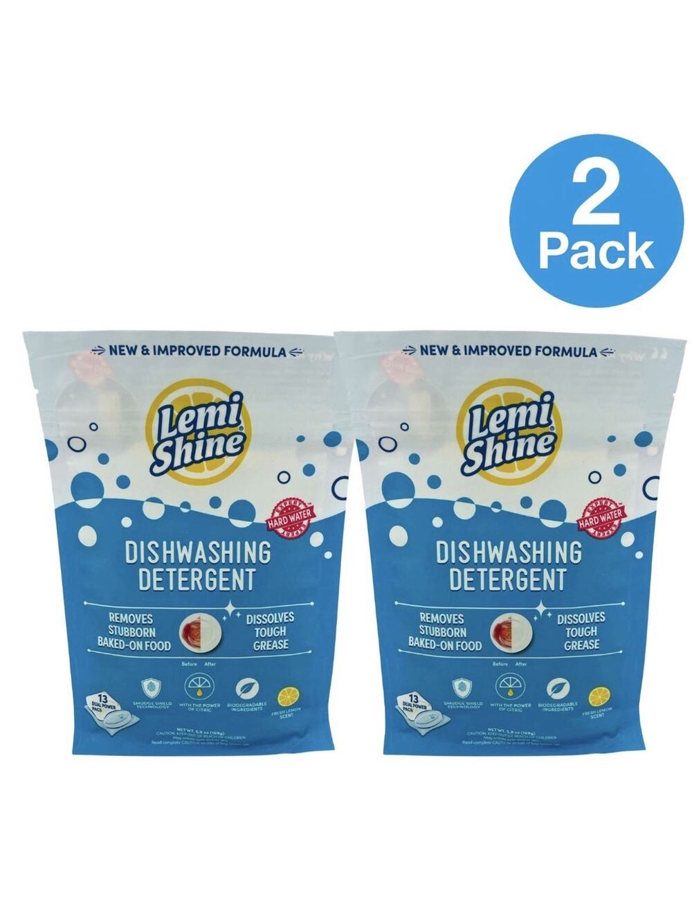 Lemi Shine Dishwashing Detergent Dual Power Pacs Fresh Lemon Scent 13 Count 2 Pa